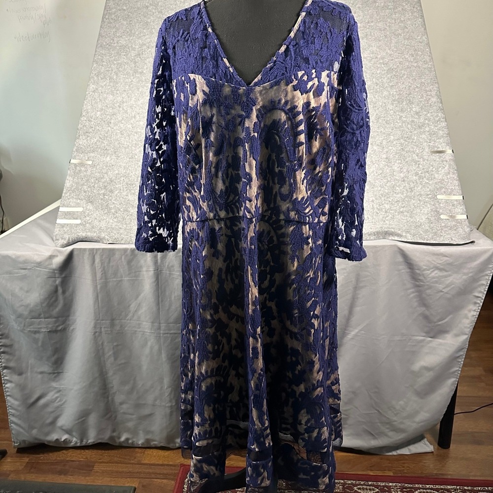 Adrianna Papell Lace Sheath Dress Womens 18W Blue Floral Overlay 3/4 Sleeve